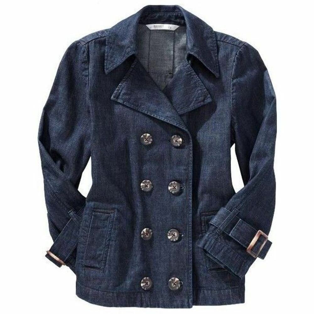 Old Navy Womens Coat Size S Blue‎ Denim Cropped Buttonfront Trench Jacket NEW
